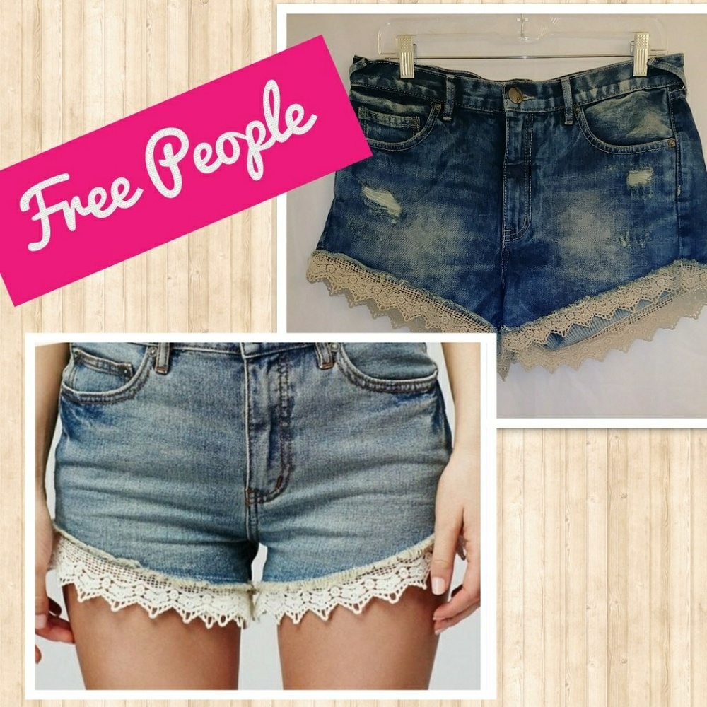 Free People Distressed Denim Shorts with Lace